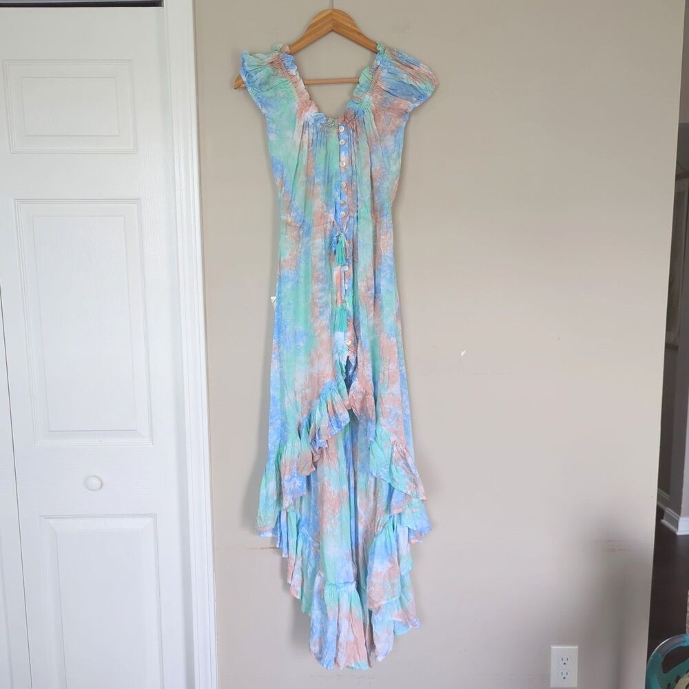 Tiare Hawaii Watercolor Hi Low Ruffle Midi Dress Pink Blue S/M Coastal Resort